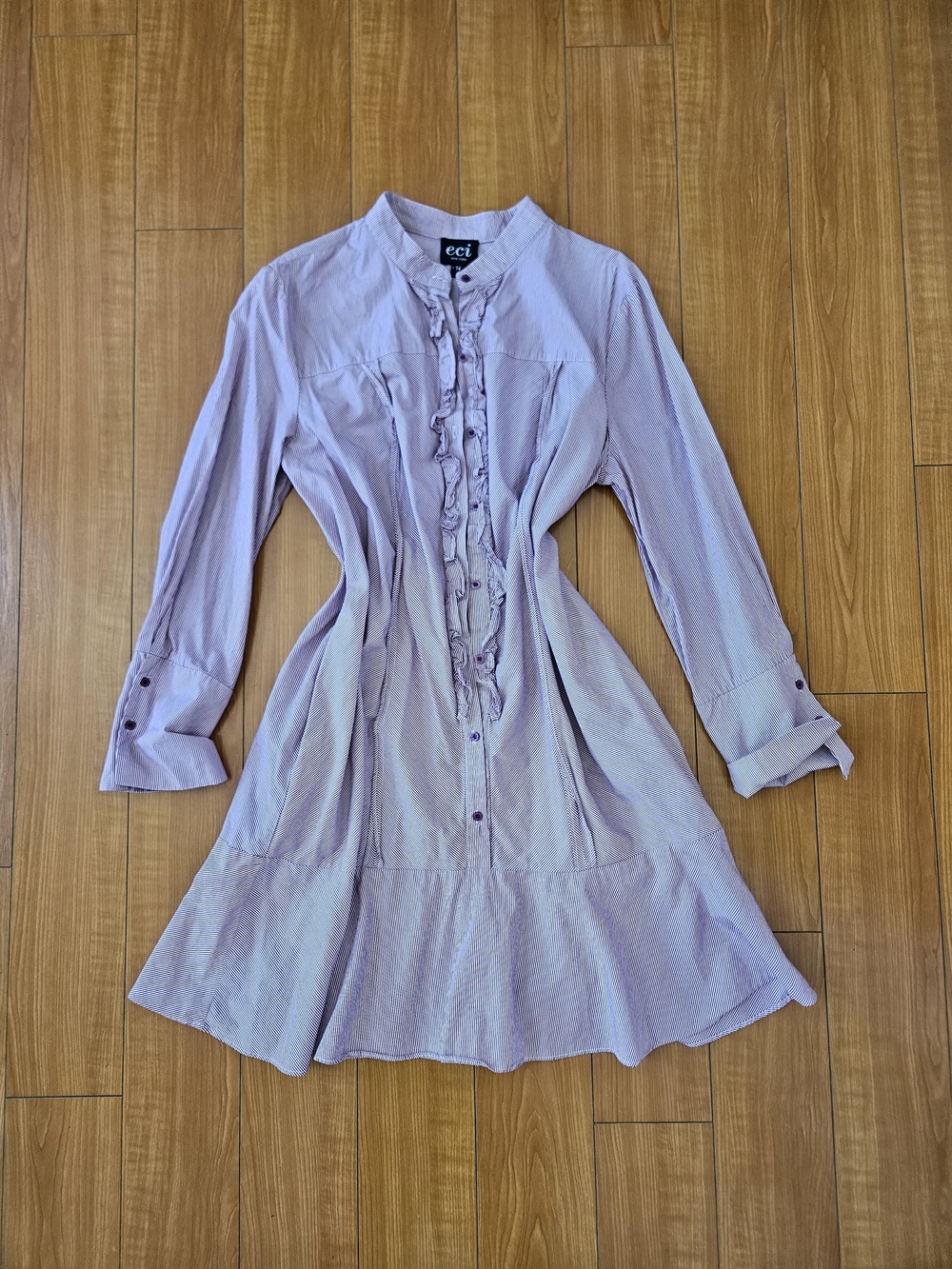 NEVER WORN ECI Pinstriped Button-Front Ruffle Hem Dress + Pockets Size Sz 14 - Picture 3 of 12